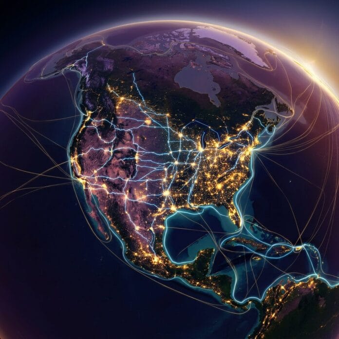 North America illuminated transport networks North America map highlighting major cities and transportation routes lit up at night