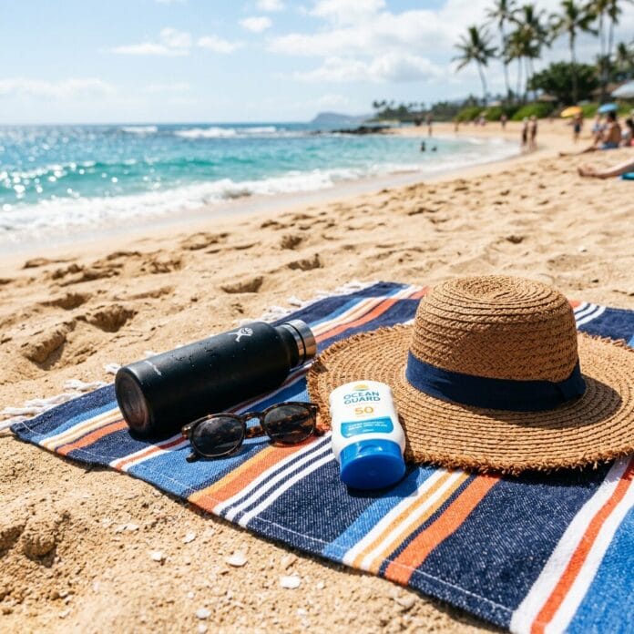 Beach essentials on striped towel Water bottle, sunglasses, sunscreen, and straw hat on striped beach towel in sand
