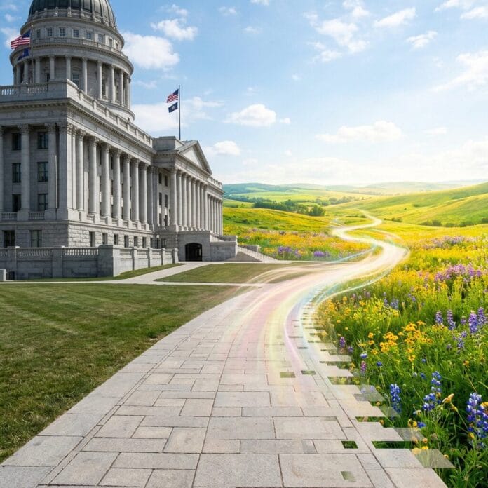 Capitol building next to a path that digitally blends into colorful wildflower fields and hills