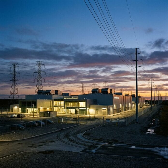 Exterior view of a modern data center building with lights on at dusk and power lines overhead