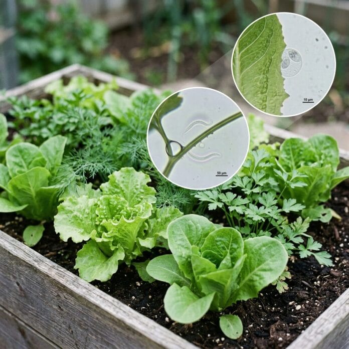 Leafy vegetables in a garden bed with microscopic images of pests on their leaves