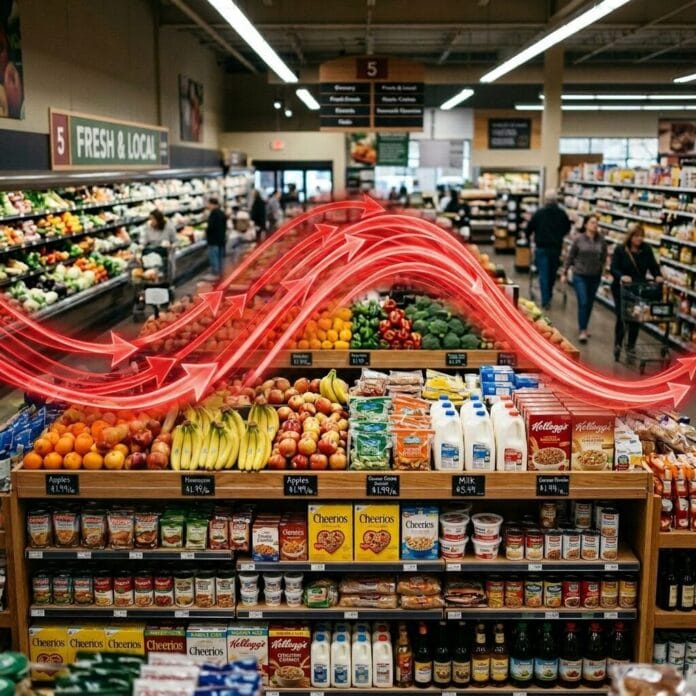 Grocery store aisle with fresh produce and packaged goods, highlighted by red arrows indicating product flow